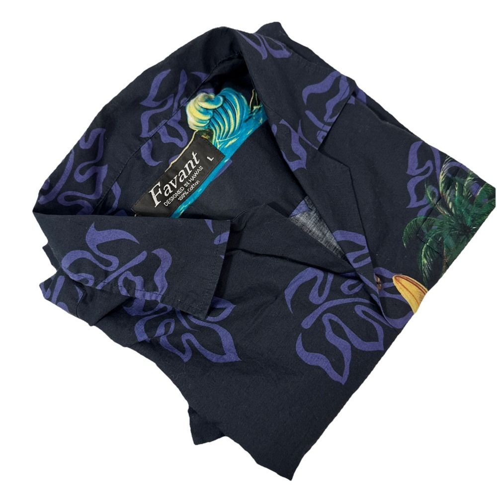 Favant Hawaiian Shirt Men's Large‎ Black Blue Palm Trees Surfboard Beach Cotton